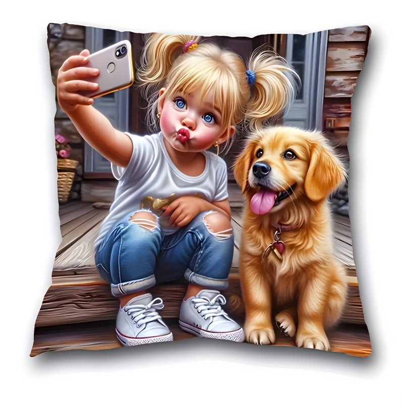 

1pc Girl & Dog Print Short Plush Pillowcase (17.7"x17.7") - French Style, Machine Washable, Zippered, 100% Polyester - Ideal For Living Room & Bedroom Decor