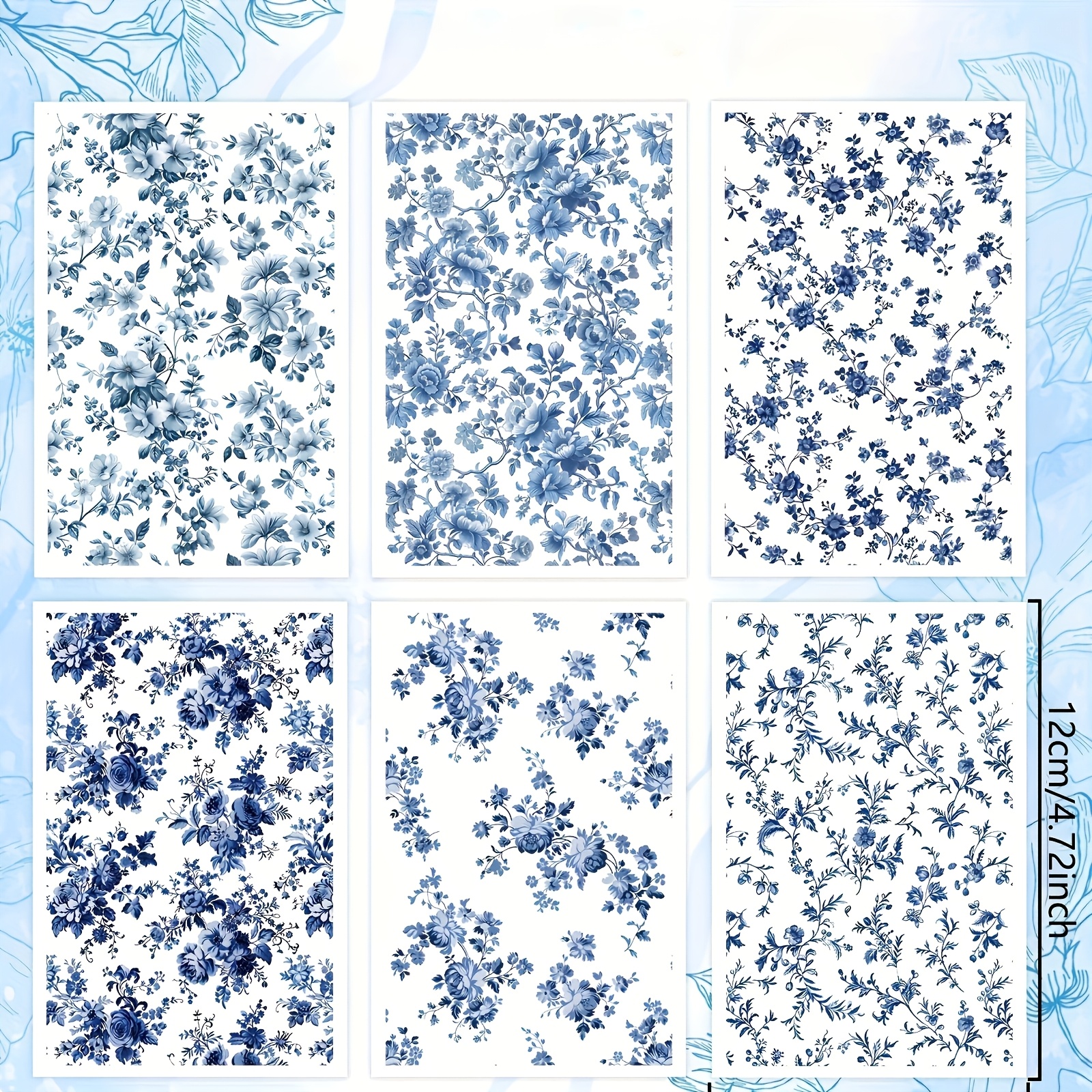 TEMU 6 stuks blauw bloemen klei-transferpapier - klassieke Chinoiserie kunstontwerp transfervellen voor het maken van blauwe bloemenoorbellen met