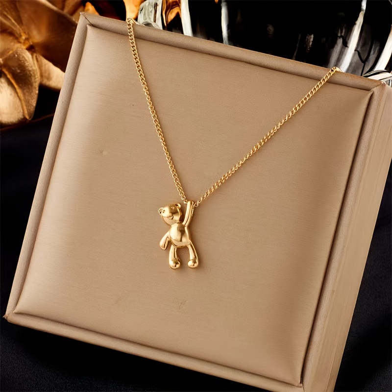 

A Golden Stainless Steel Jewelry Gold-plated Waving Bear Necklace Ins Cute French Retro Fashion Casual Minimalist Trend Joker Ladies Daily Commuting Street Party Holiday Party To Wear.