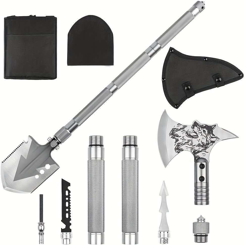 

A Set Of Folding Outdoor Survival Tools, Camping Shovel And Axe Set, Portable Survival Kit, Axe With Hammer And Sheath, Detachable Props For Use