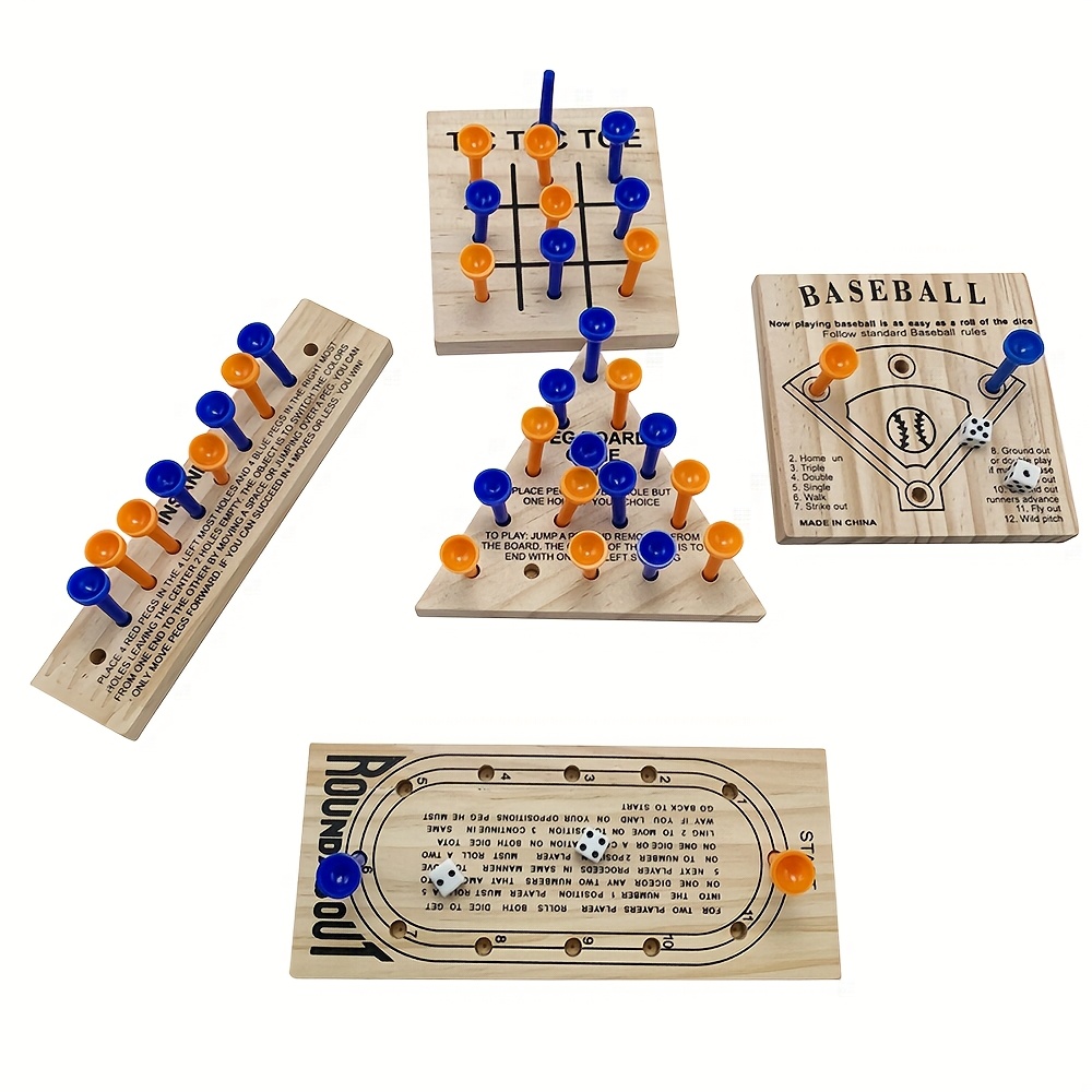 Wooden Peg Games Assortment Kit Wooden Board Game Set Including 5 Style Wooden Game Board And Plastic Pieces And Dice Puzzle Brain Games Set