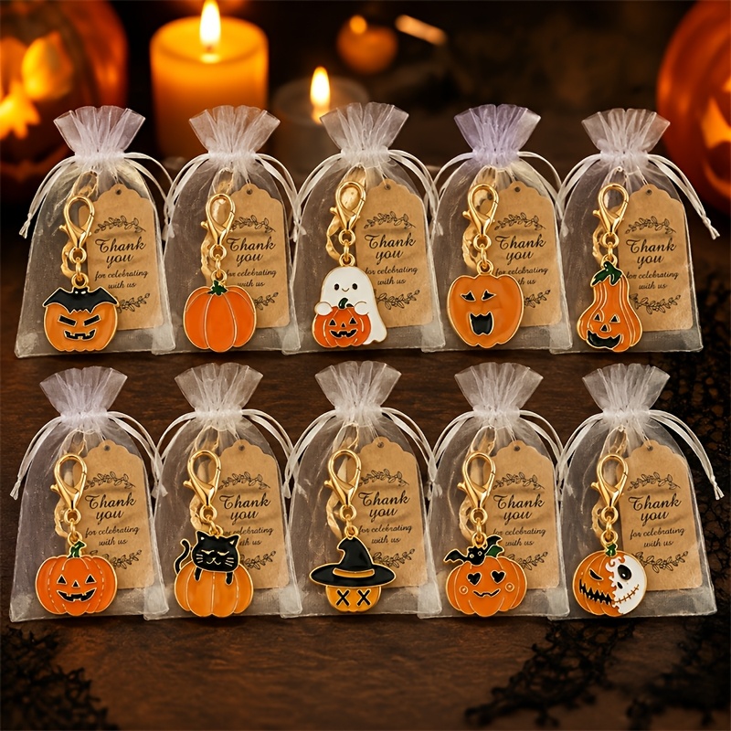 TEMU 30pcs/10sets (10pcs Keychains/10pcs Cardboards/10pcs Mesh Bags) Halloween Cute Pumpkin Keychains Set, Random Mixed, Alloy Metal With Lobster