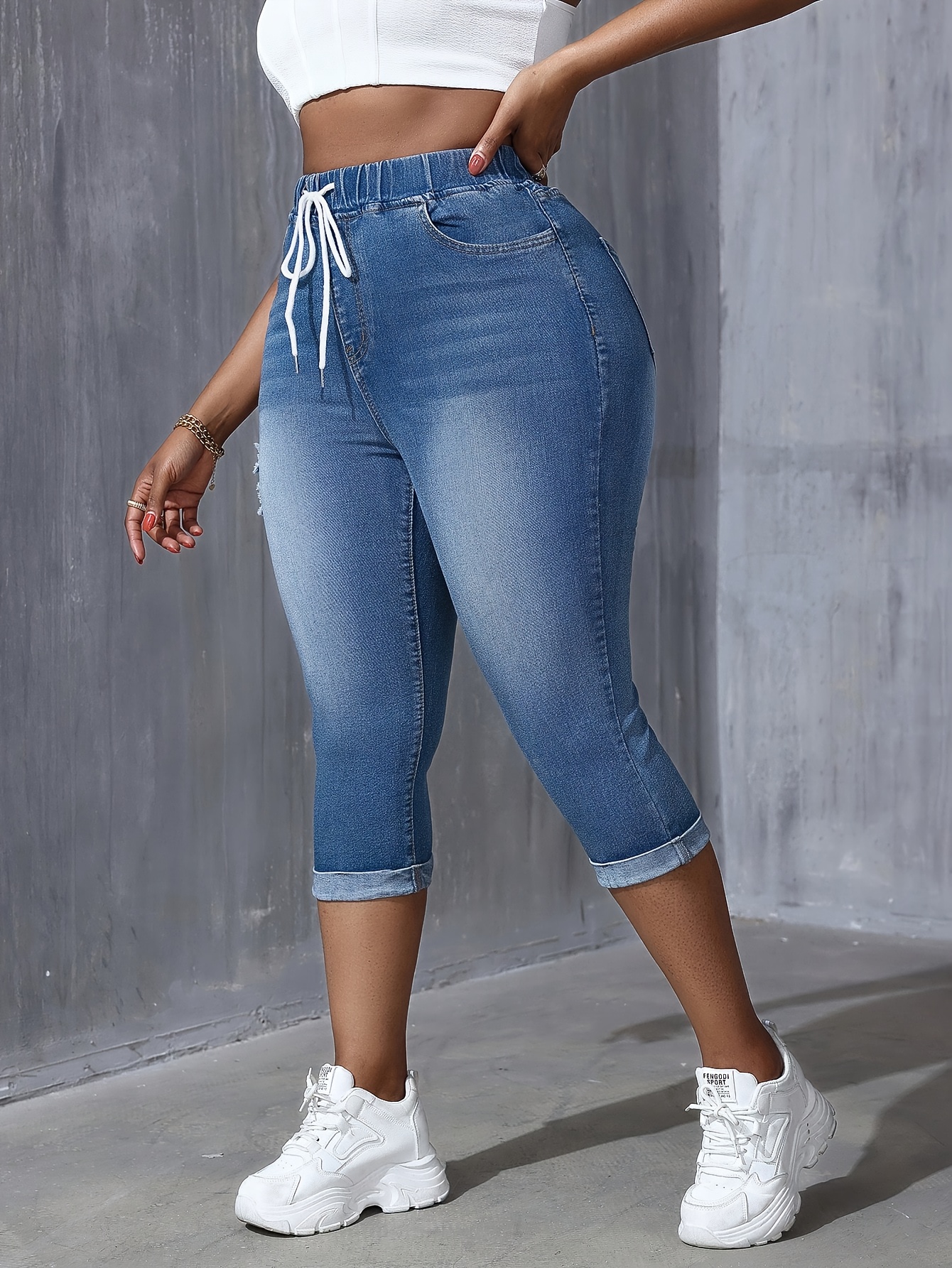 women's plus size stretch denim capris drawstring waist Temu