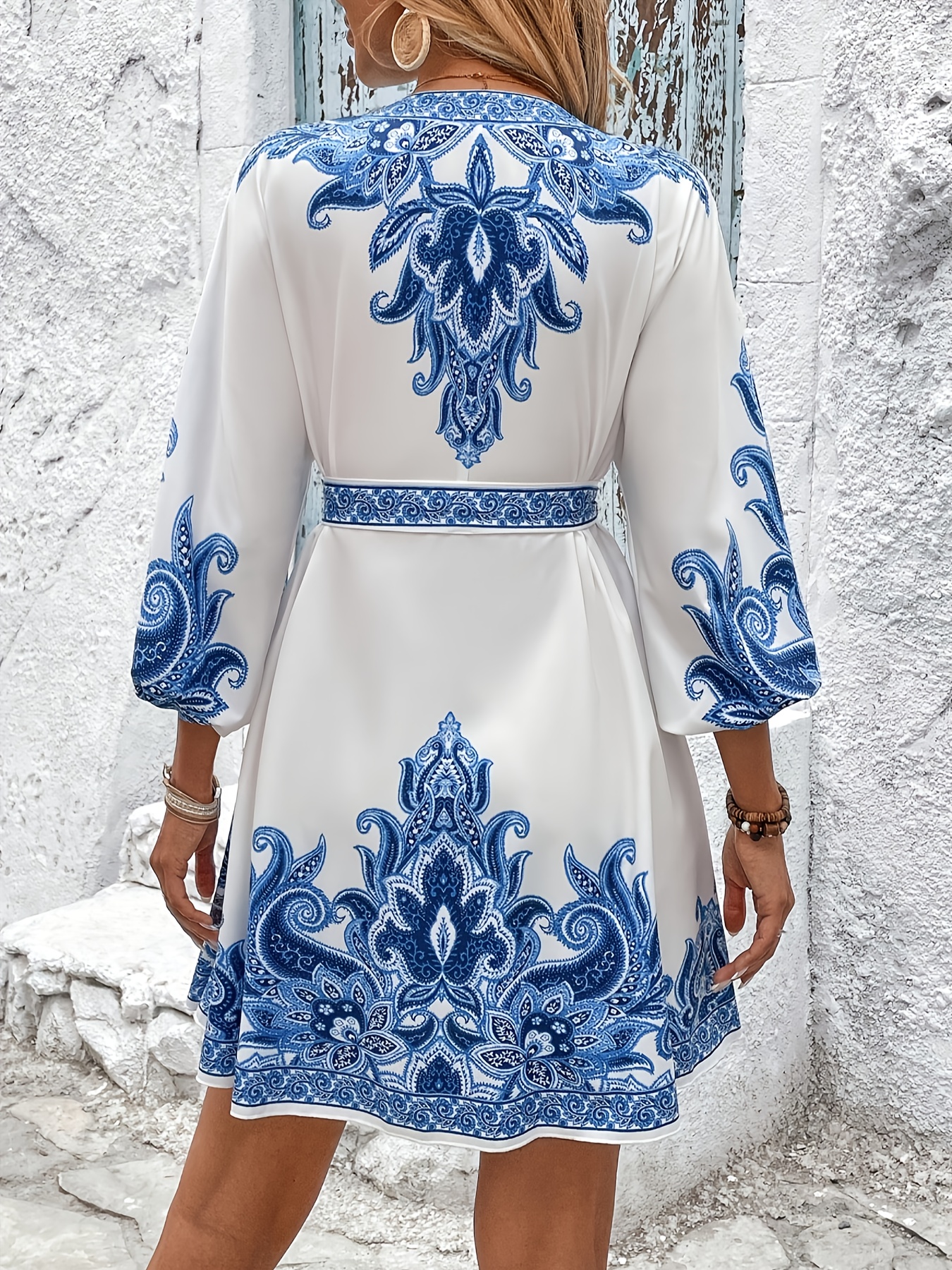 womens paisley print v neck a line dress with waist belt machine washable non stretch fabric   versatile style for casual formal occasions details 2