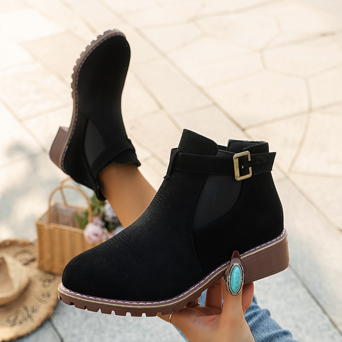 

Women's Fashionable Slip-on Ankle Boots With Chunky Heel - Comfortable Corduroy, Round Toe, Non-slip Sole, Strap Design | & Stylish For All