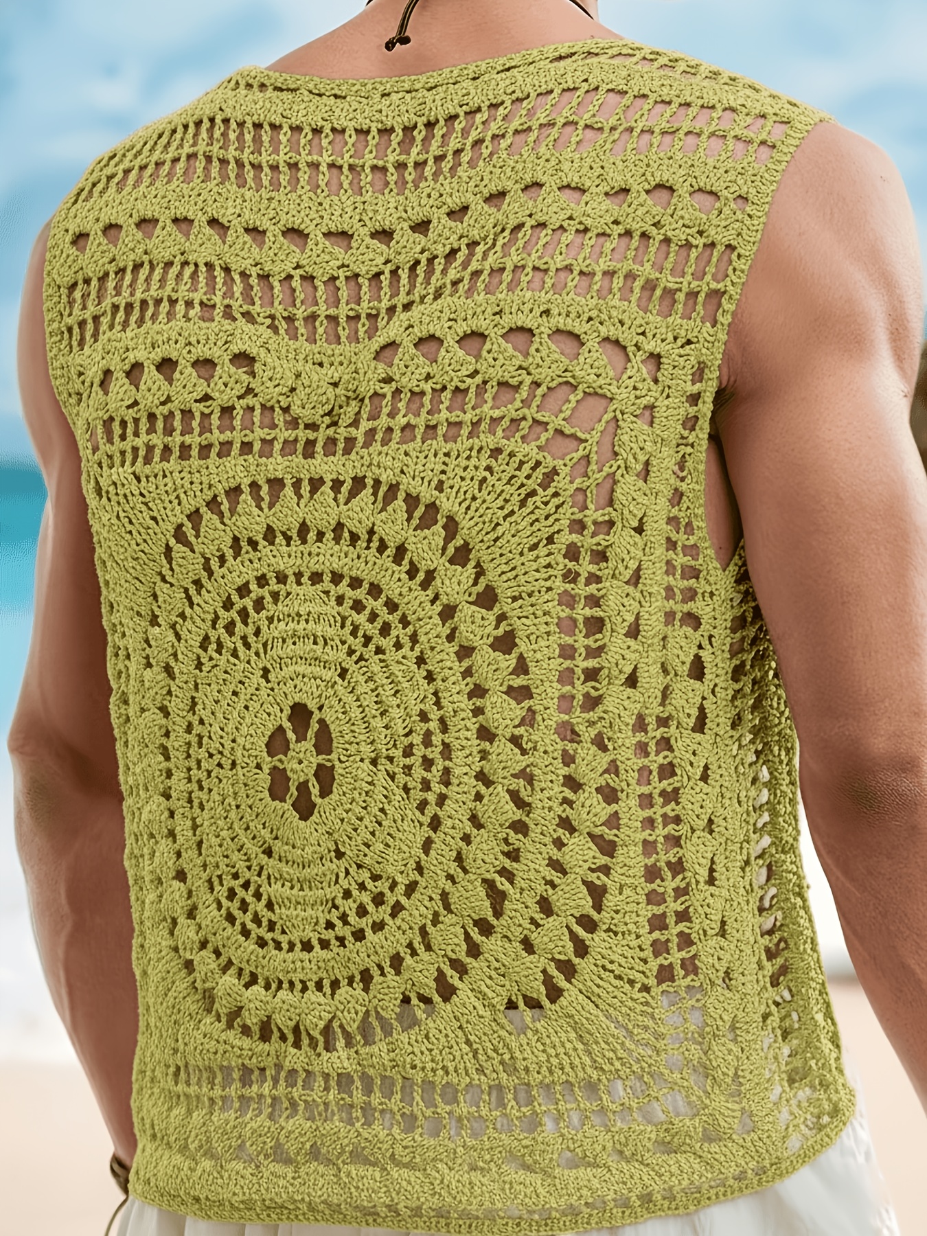 Men's Casual Solid Color Crew Neck Hollow-Out Knitted Vest, Men's Crochet Top, Men's Summer Top, Men's Beach Top, Men's Tank Top, Holiday Sleeveless Men's Crochet Top, Men's Crochet Tank Top, Men's Holiday Top, Men's Mesh Top, Men's Sleeveless Top