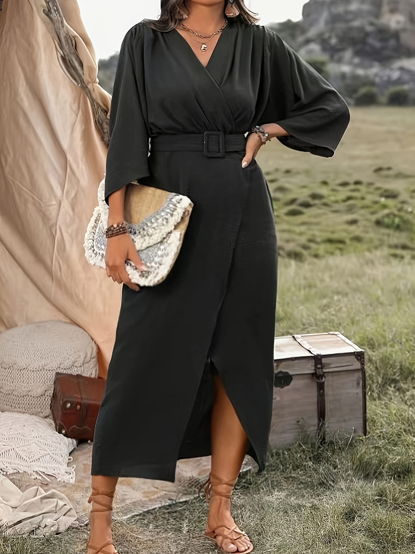 Plus Size, Women's Plus Size Elegant Batwing Sleeve Dress Formal to  Outfit, Non-Stretch Fabric Wrap Dress for Parties, Office, Casual Attire 