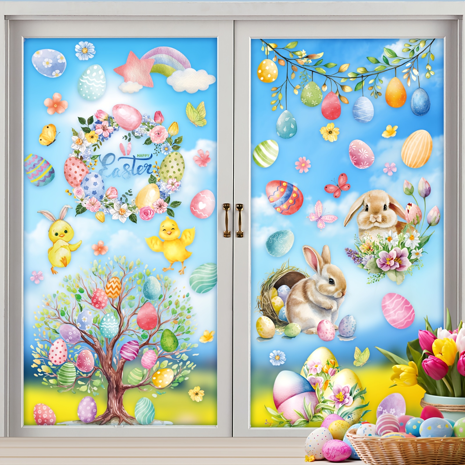 

9 Easter Decorations, 81 Static Cling Easter Window Stickers, Bunny Egg Flower Tree Rainbow Easter Party Stickers.