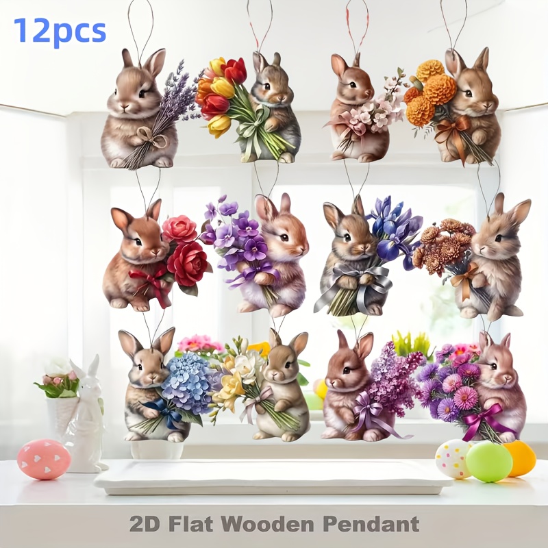 2d Flat, 12pcs Easter Decoration Set, 2d Wooden Flower Bunny Hanging Ornaments, Home Decor, Holiday Decor, Party Decor, 2d Flat