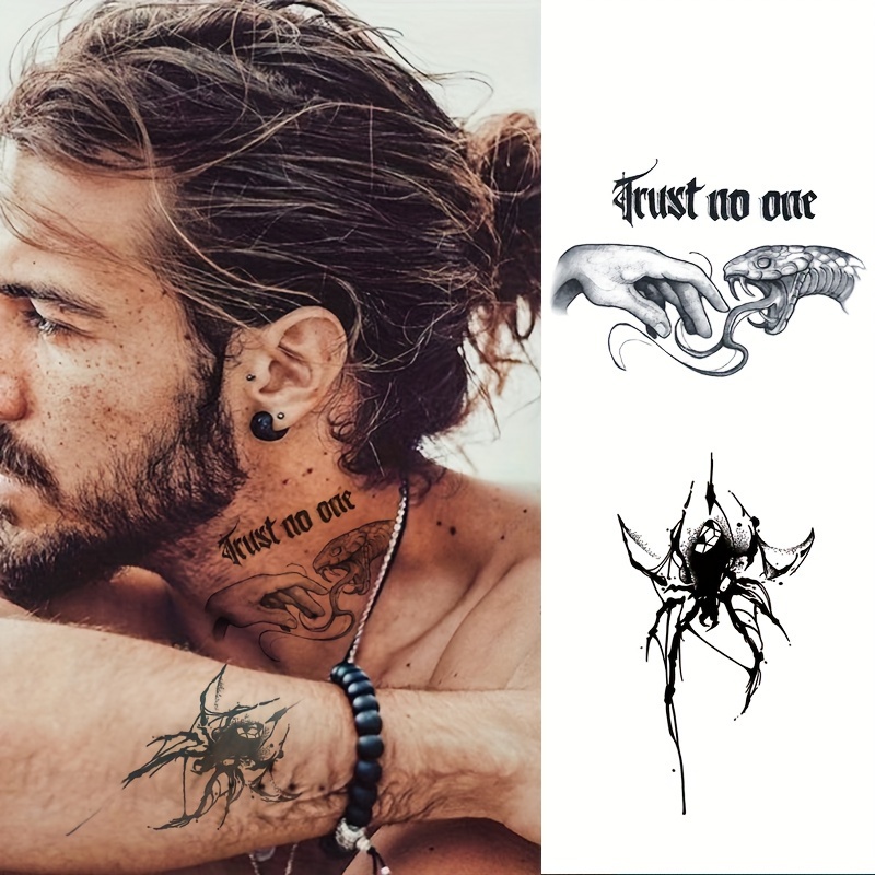 

2pcs "trust No One" Serpent And Gothic Temporary Tattoos, Dark Rock Hip-hop Cool Style, Herbal Long-lasting Waterproof For Neck & Hand, Unisex, Lasts Up To 15 Days