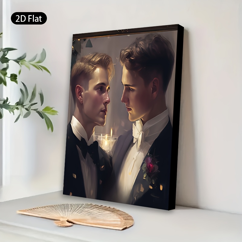 TEMU 2d Flat, 1pc Framed Modern Minimalist 2 Men In Suits At Wall - Hook-mounted Frame Suitable For Living Room, Office, Hotel Decor - Professional