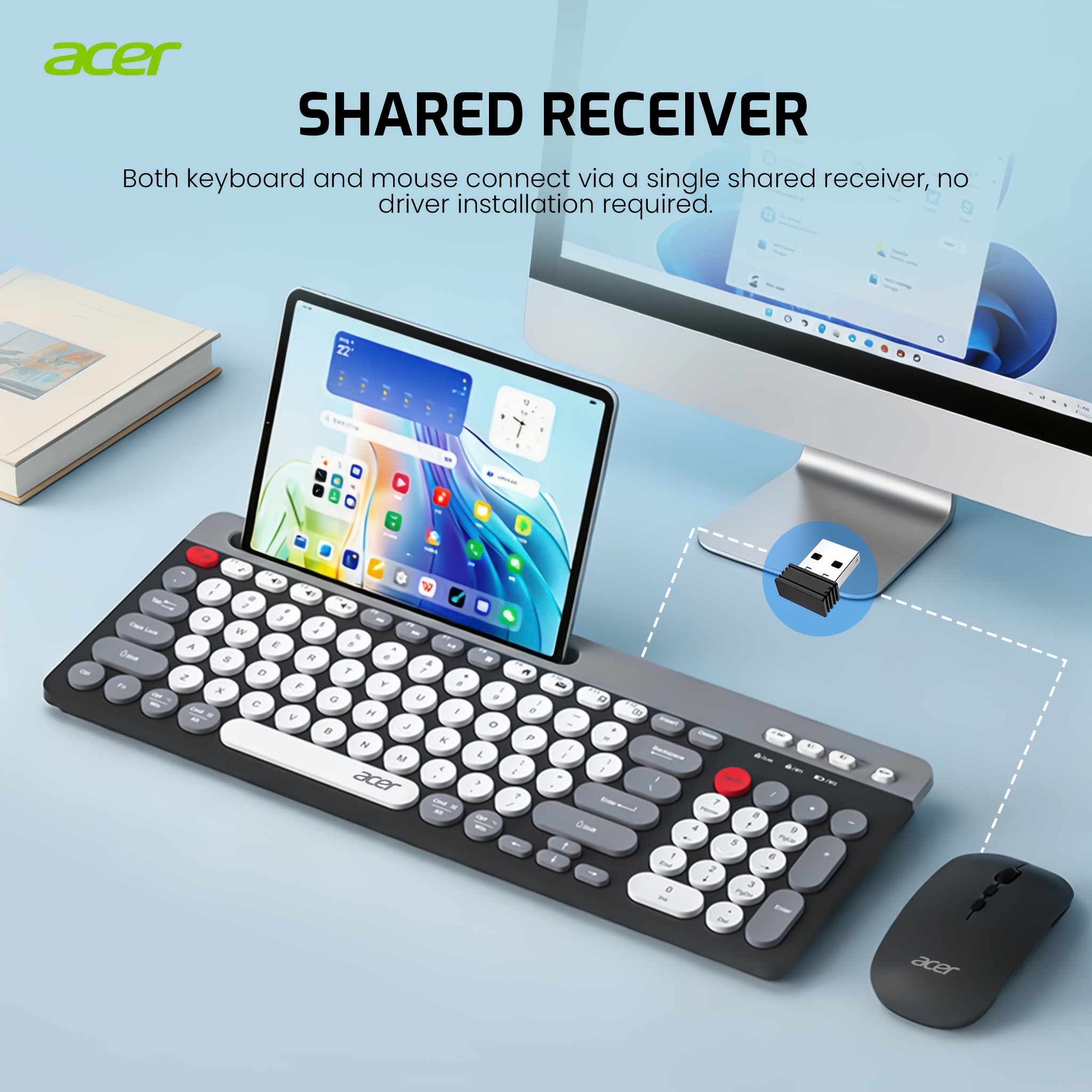 TEMU Acer Full-size Round Keycaps 2.4g & Bluetooth Wireless Slim Portable Keyboard And Mouse Combo For Office Use, Built-in Rechargeable Battery,