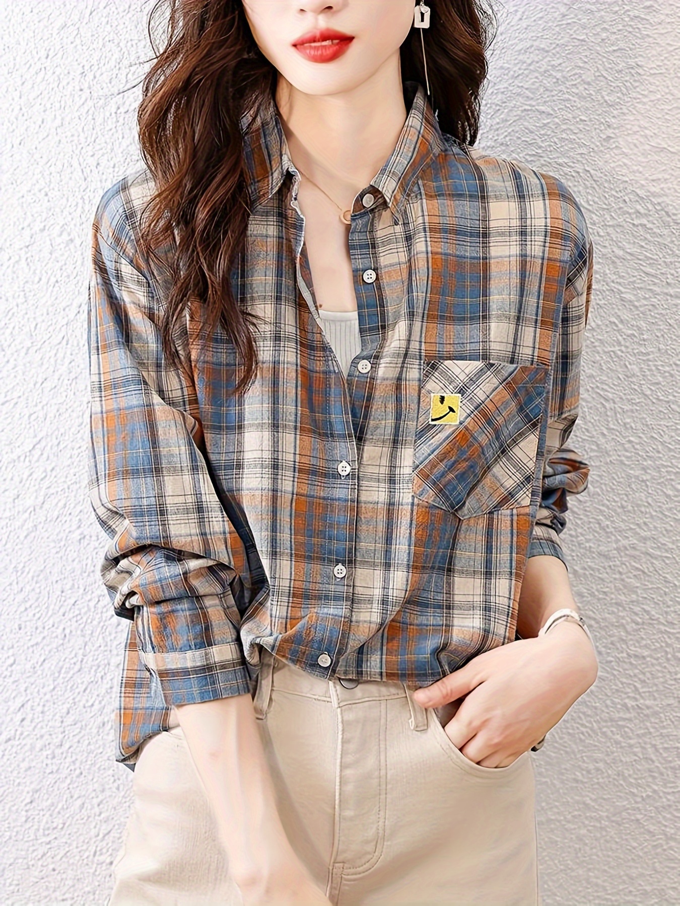 chemise à manches longues à carreaux femme poches Temu Switzerland