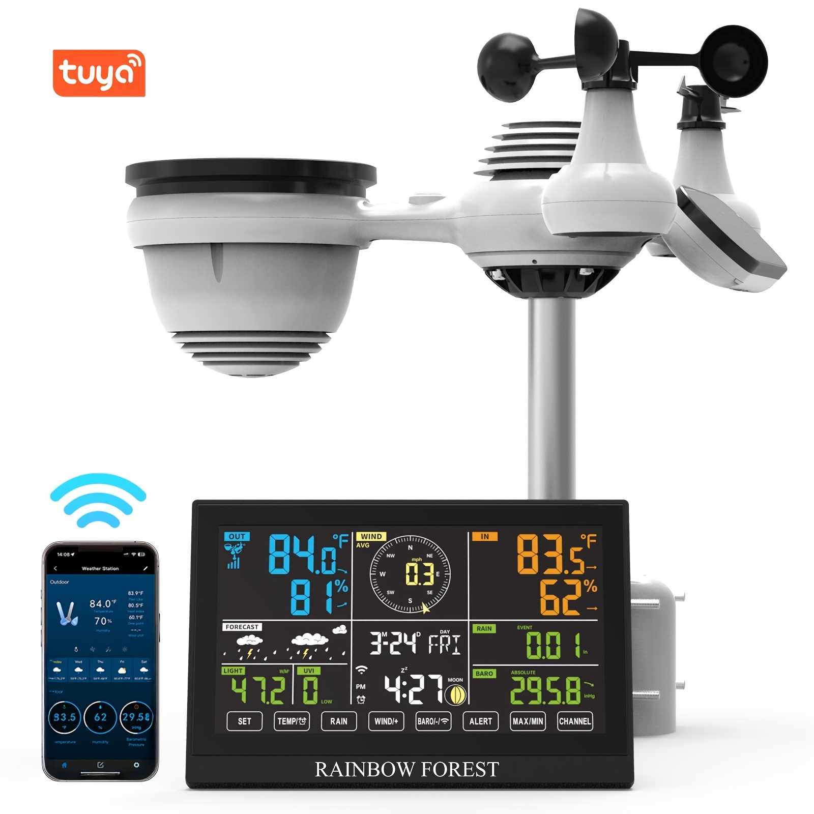 TEMU Rainbow Forest Wifiweather Station, Suitable For Indoor And Outdoor Use Equippedwith Doodles, A Raingauge, And Athermometerwith Wind Speed/