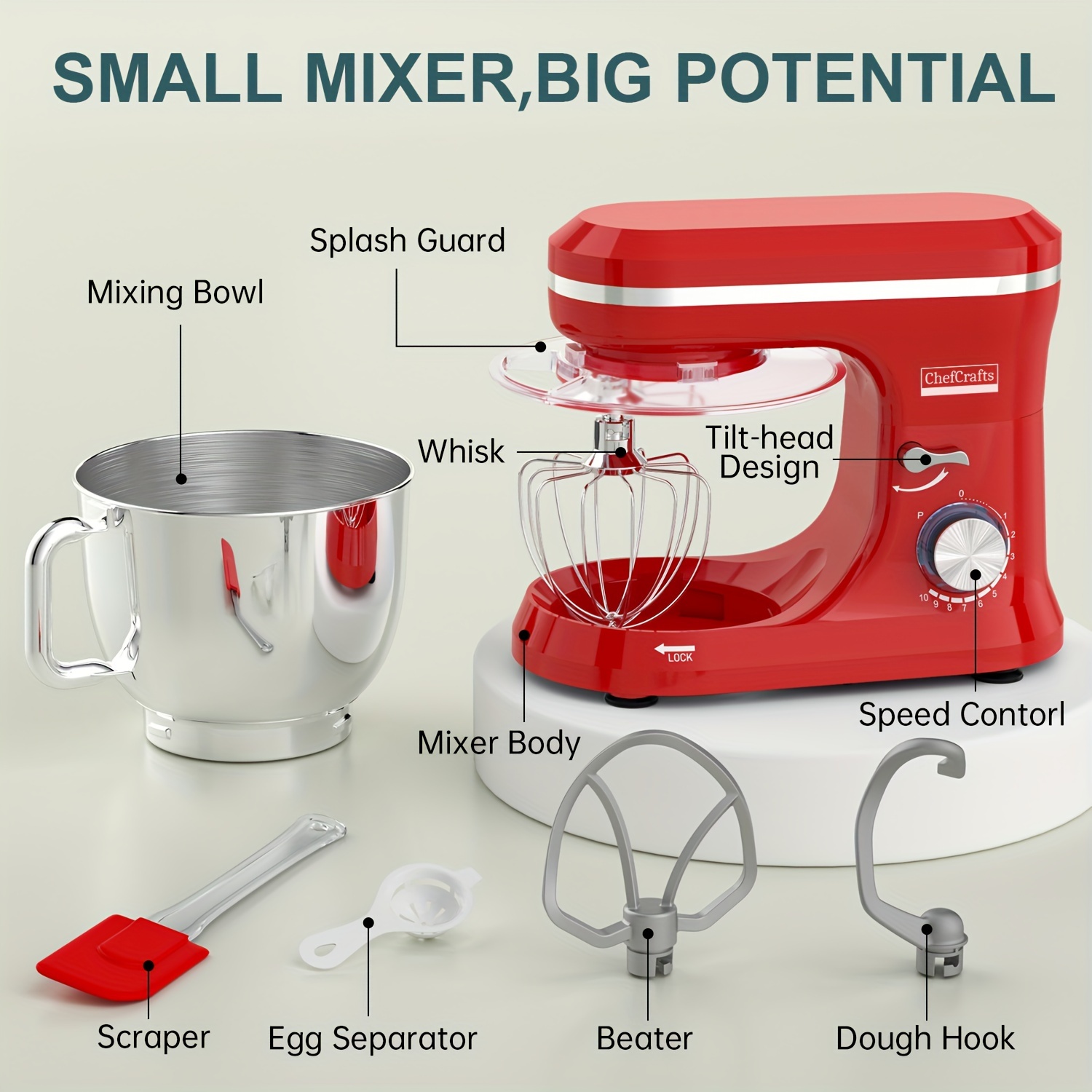 

Electric Stand Mixer (6.5 Qt) - Powerful 660w 10- Setting With Dough Hook, Beater, Whisk Attachments, /black/silvery/red