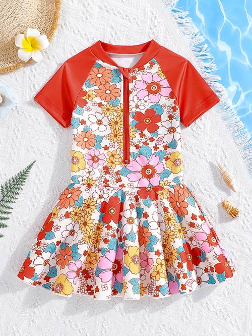 girls floral print zippered 1pc swimsuit with ruffle hem casual and cute summer beach vacation