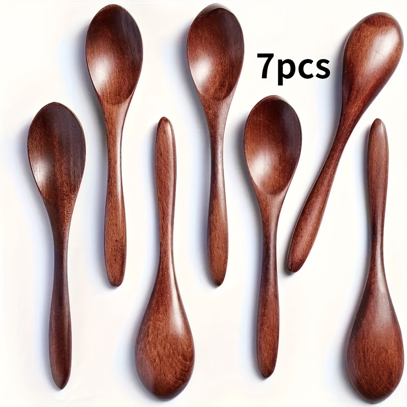 E-shop 7-teiliges Set aus natürlichen Holzlöffeln - Elegante, glatt anmutende große Servierlöwen & kleine Dessertläffel mit langem Stiel.