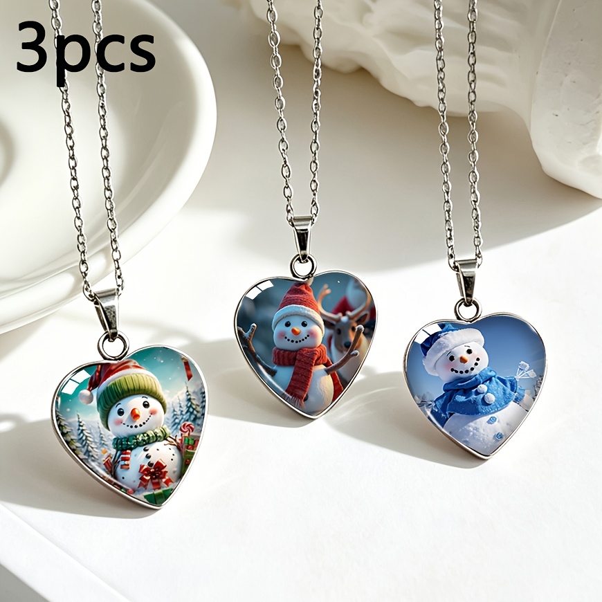 TEMU Ensemble de 3 pièces : Collier en acier inoxydable de de cœur, Écharpe de dessin tricolore, de neige, Ensemble de chaîne de clavicule avec