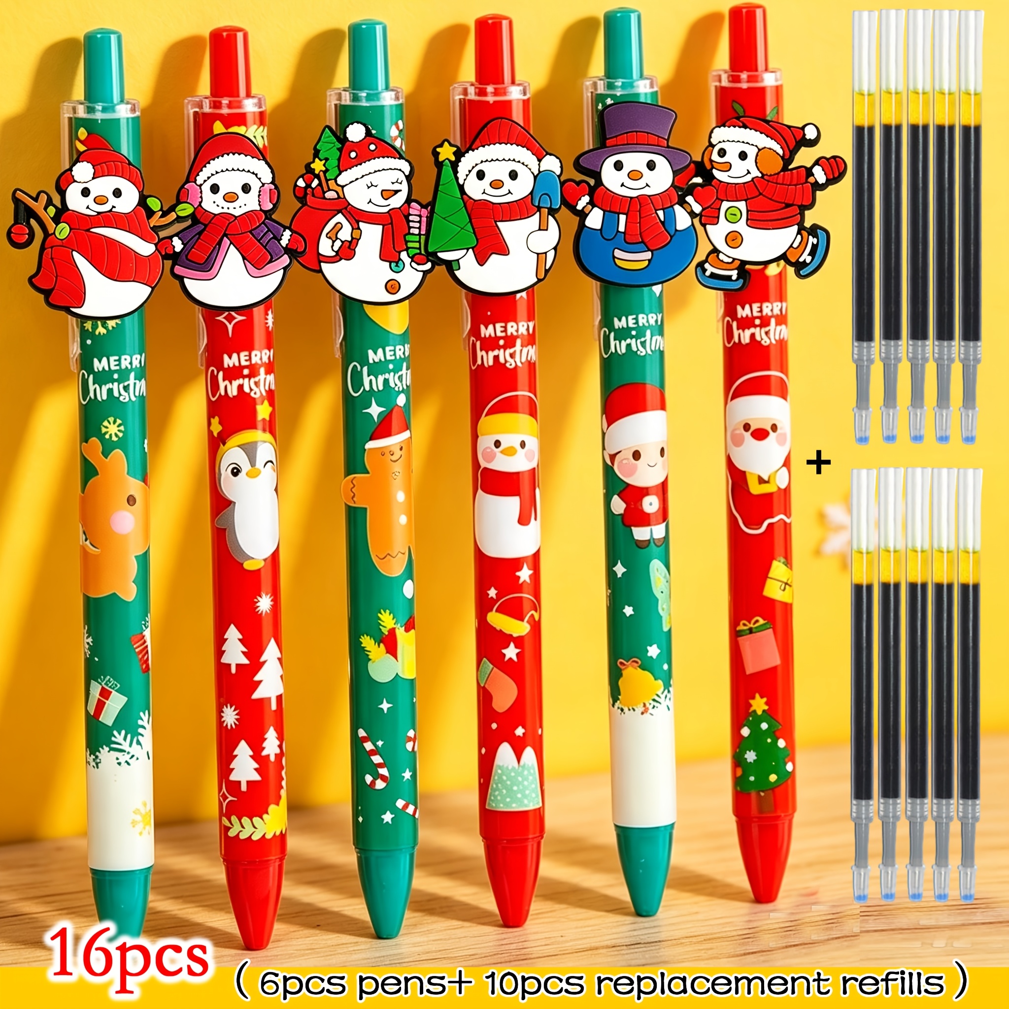 TEMU 16pcs Christmas Snowman Neutral Gel Pen Set (6 Pens And 10 Refills), Smooth Writing, Comfortable Grip, School And Office Supplies