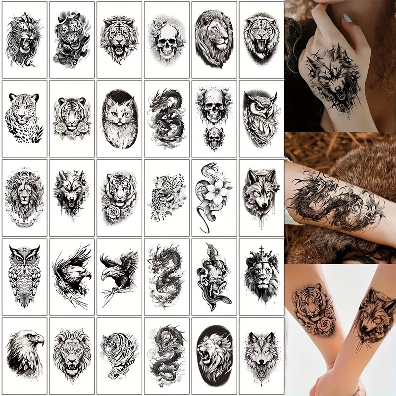 Image of 30pcs Temporary Tattoos - Waterproof, Realistic , Dragons, Tigers & More - Perfect For Parties & Body Art
