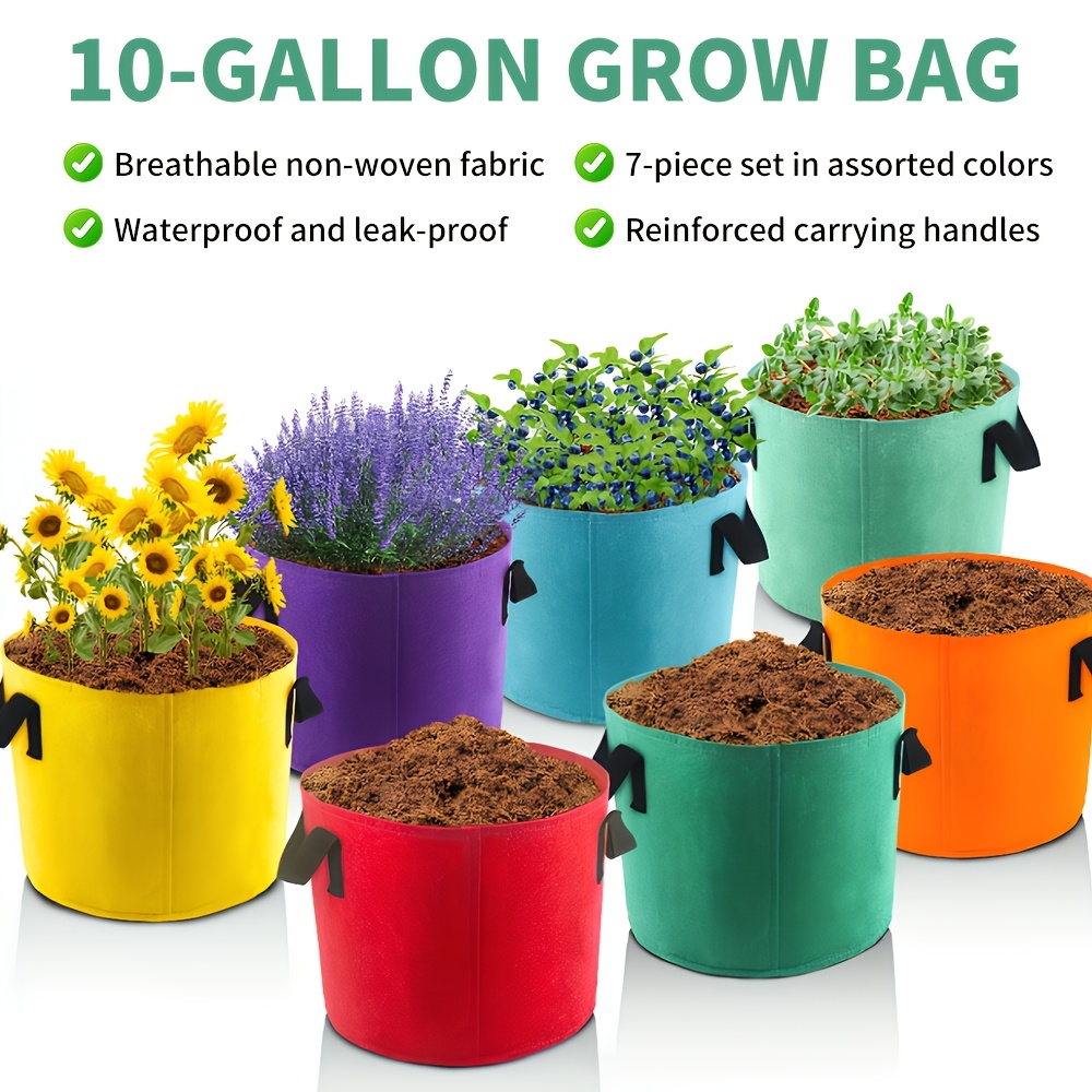 TEMU 7 Packs Of 10 Gallon Planting Bags - Reusable Foldable Fabric Flower Pots With Side Handles, Suitable For Gardens, Tomatoes, , Vegetables And
