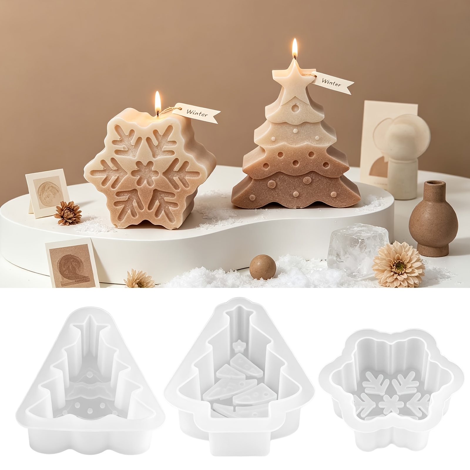 TEMU 3pcs Christmas Tree Snowflake Resin Silicone Mold Set - Molds For Casting Plaster, Scented Candles, And Clay, For Making Christmas-themed