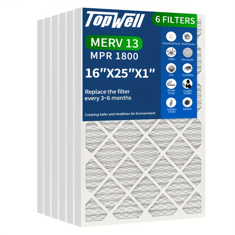 16 x 25 x 1 inches merv13 pleated air filters 6 pack replacement for hvac ac furnace filter applications actual dimensions 15 75 x 24 75 x 0 75
