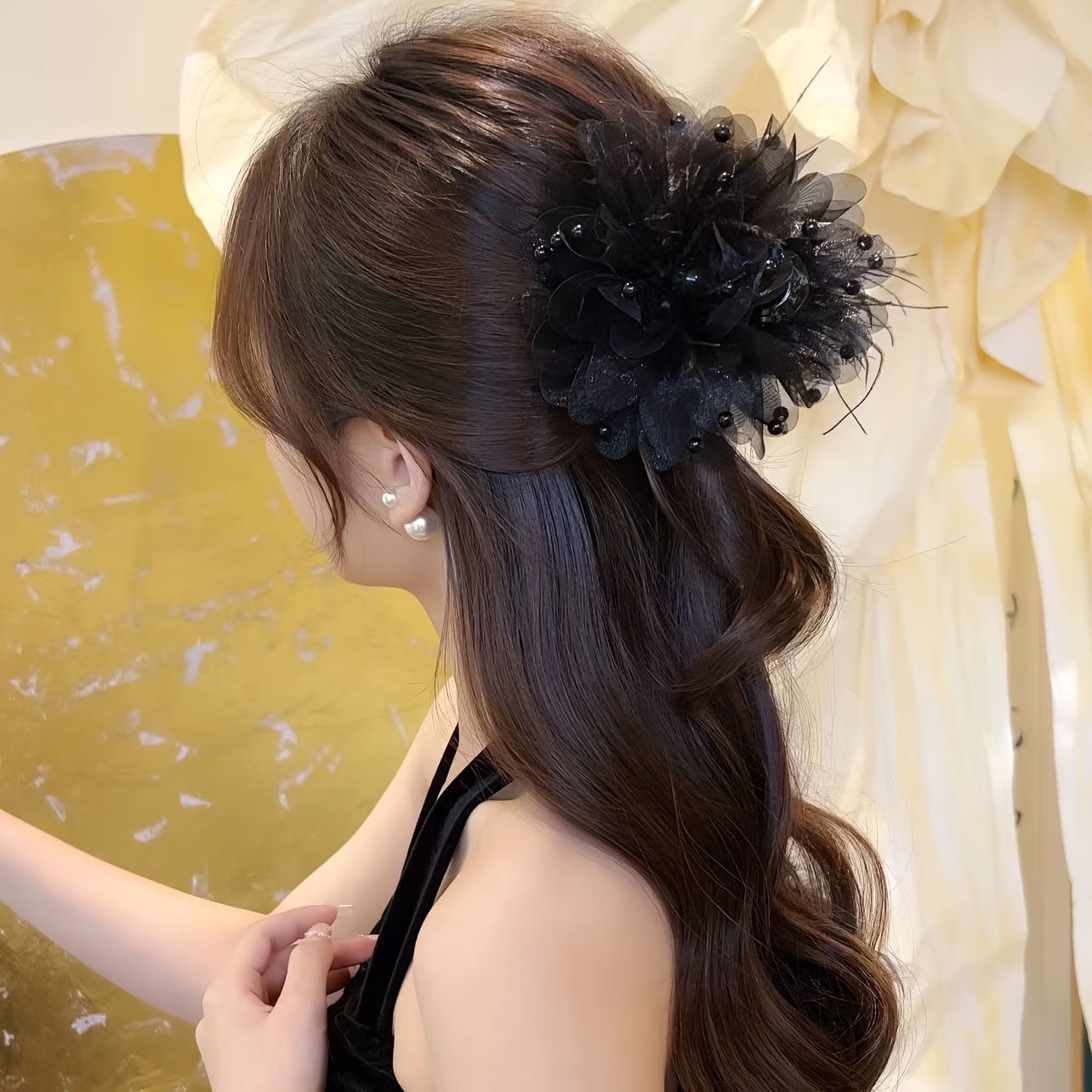 

1pc Vintage Faux Feather Flower Decorative Hair Grab Clip Large Hair Claw Clip For Women And Daily Use Wear