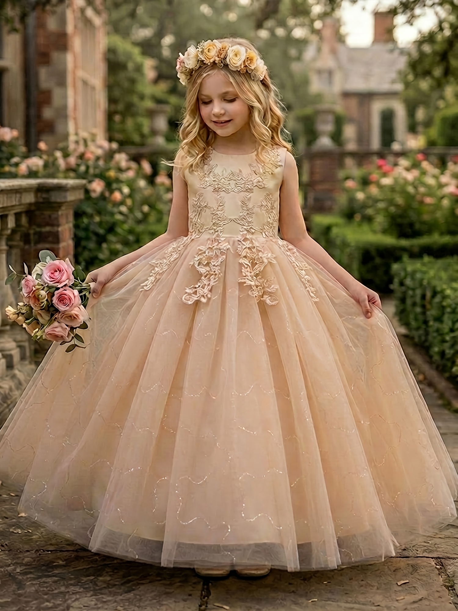 flower girls sequined lace dress a line tulle birthday - Temu