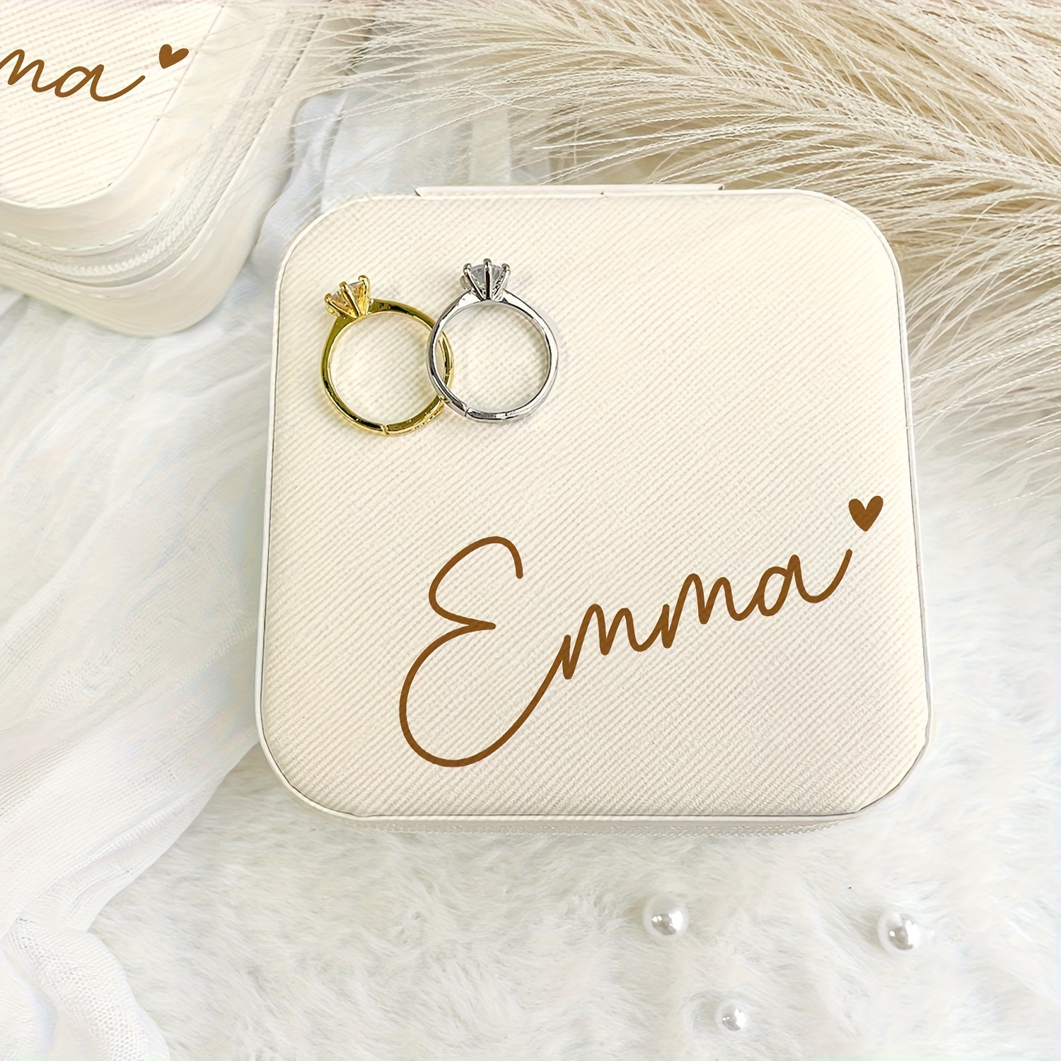 TEMU Personalized Handwritten Name Jewelry Box - Custom Beige Fabric Lined Travel Organizer With Zipper Closure & Soft Padding - Bridesmaid Proposal