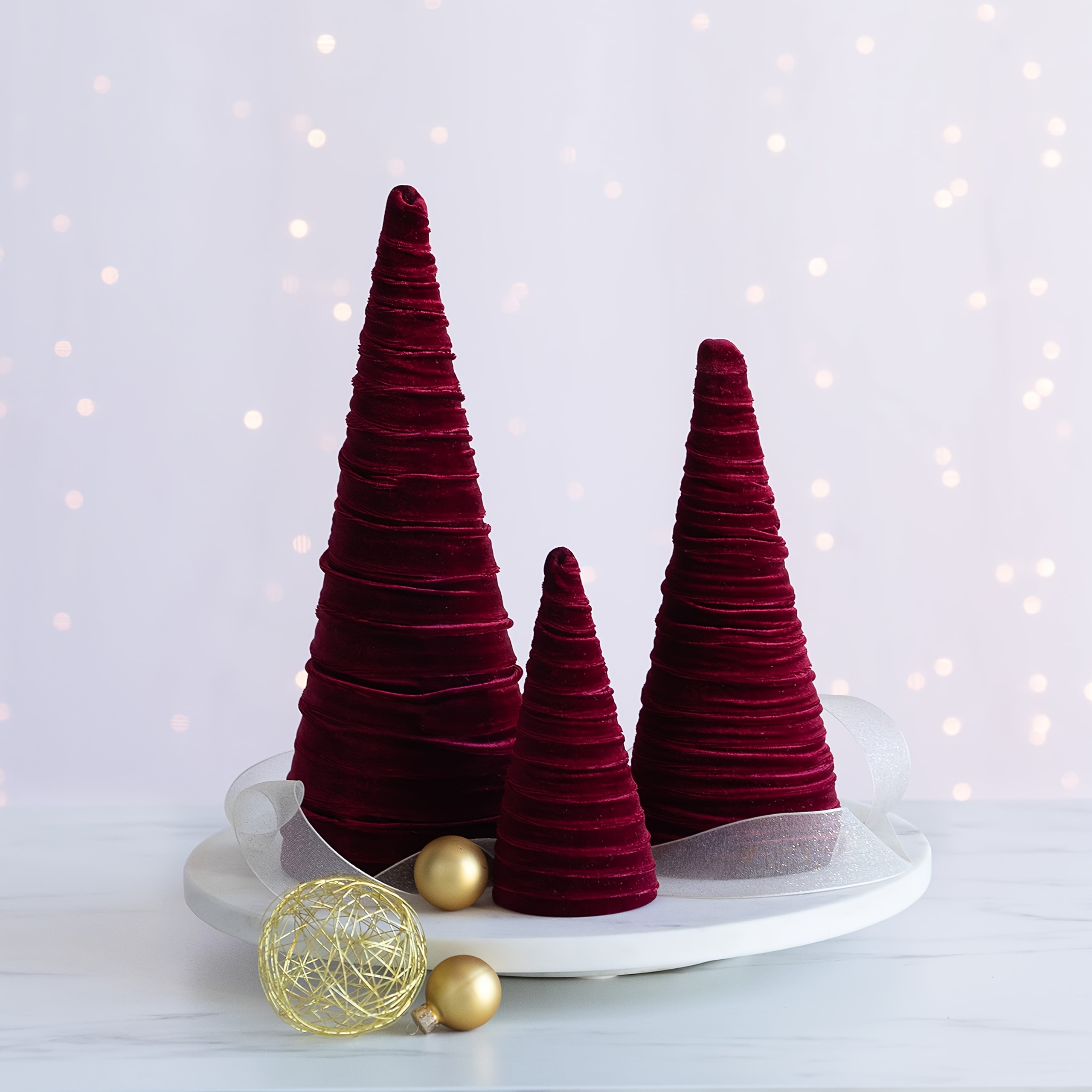 TEMU Set Of 3 Burgundy Velvet Trees Jewel Tone Mantel Decor, Luxurious Bookshelf Accent, Holiday Party Decor, Christmas Tabletop