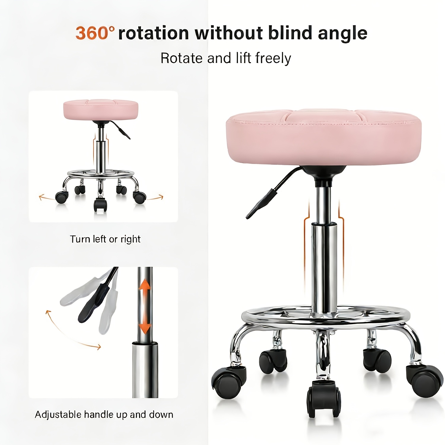 Pink 360° Rotating Height- Stool | Leather Soft Cushion With Wheels | Work Stool For Beauty Salons And Nail Shops | Comfortable Round Stool For Office And Bar Settings