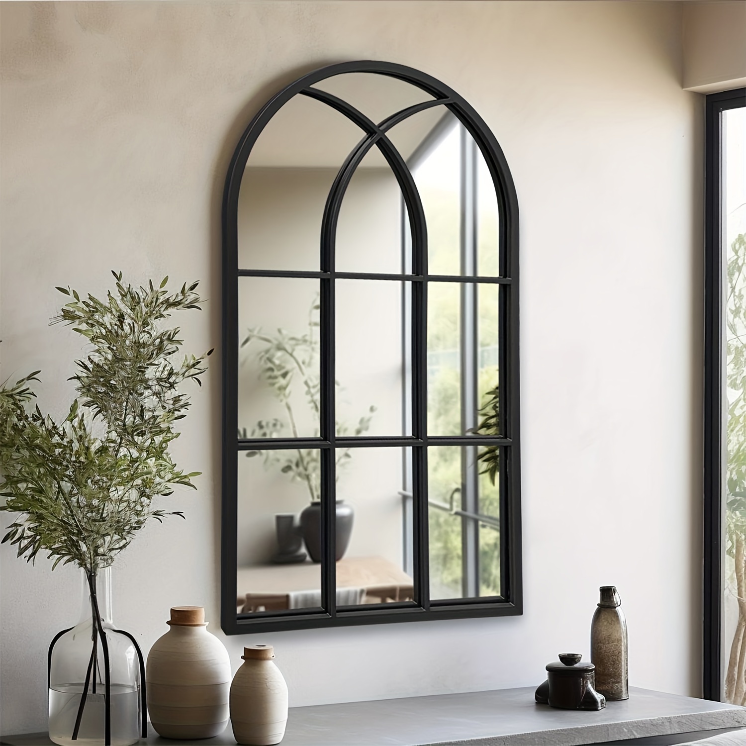 

Arched Lattice Wall Hanging Window Mirror, Frame Window Mirror, Antique Vanity Mirror, Decorative Window Effect Garden Mirror, Living Room, Cloakroom, Bedroom Or Entryway, Great For - Black