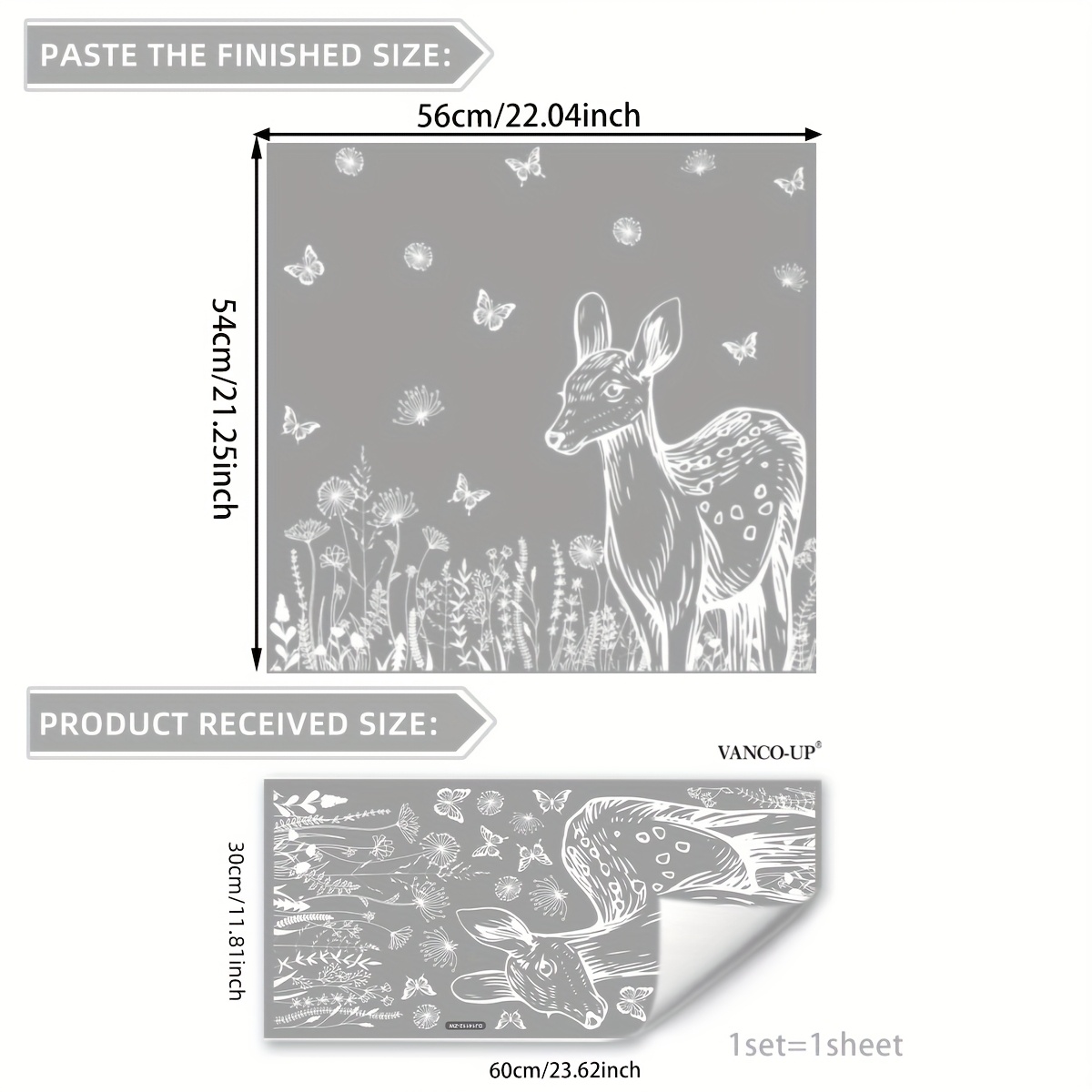 Image of A Decorative Glass Sticker Featuring A White Line Drawing Of A Deer With Floral And Designs, Suitable For Home Decor And From Sides