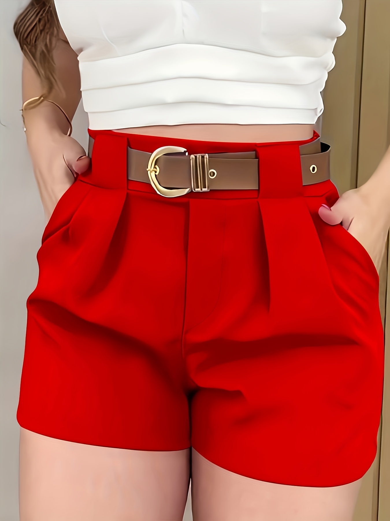 womens elegant solid color white casual shorts with slant pockets high waisted non stretch polyester fabric for spring summer fall   business or casual wear seasonal fashion shorts slant pocket shorts glossy   fabric high waisted shorts red 0