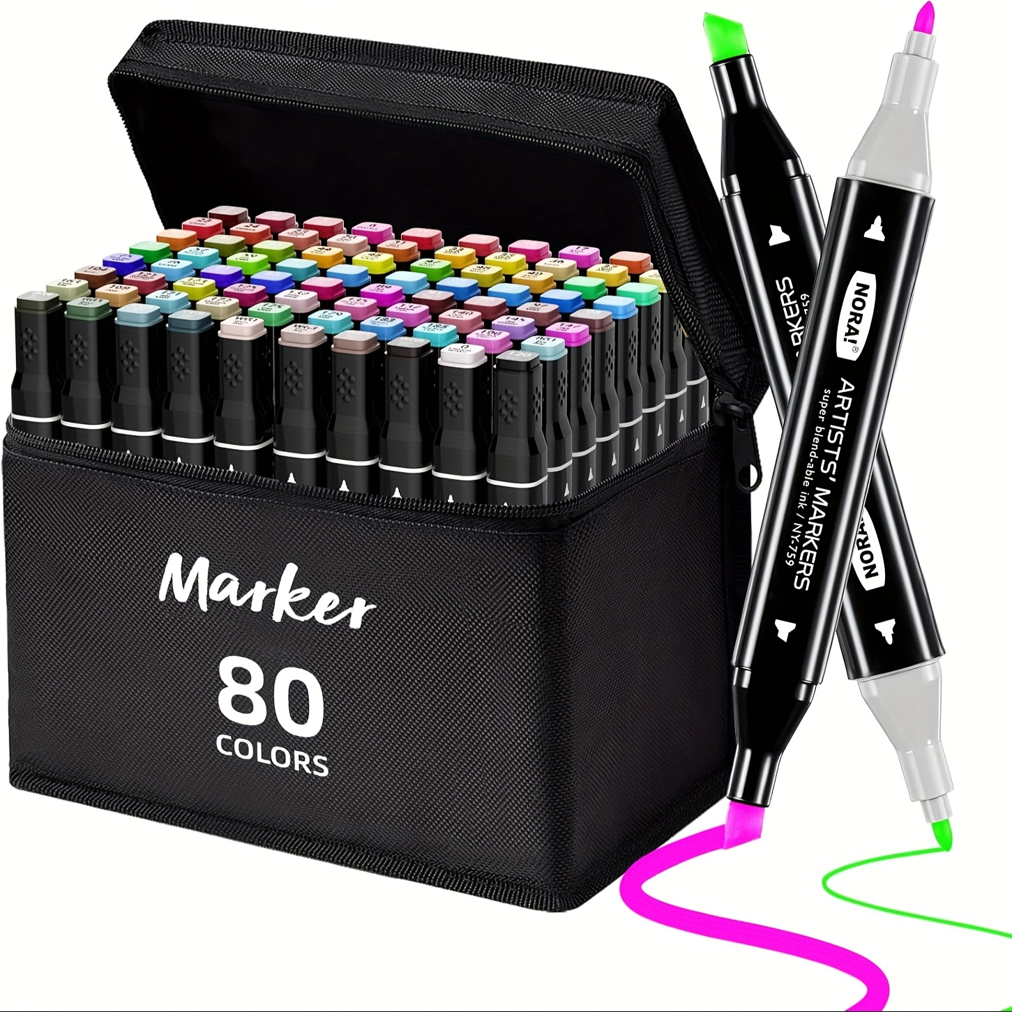 E-shop Alkoholmarker in 80 Farben für Malbücher für Erwachsene, Doppelspitzen-Kunstmarker mit Pinselspitze & Keilspitzen zum Ausmalen, für