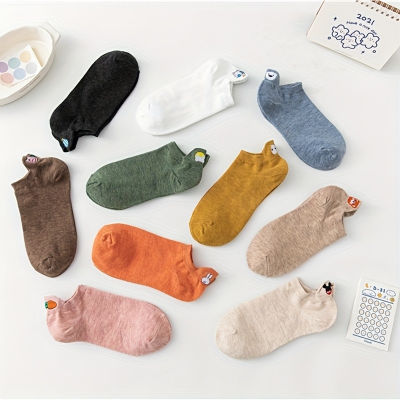 TEMU 10 Pairs Of Women's Athletic Ankle Socks, Suitable For Spring And Summer Wear, Featuring Cute Cartoon Embroidery. Are , Elegant, Versatile, And