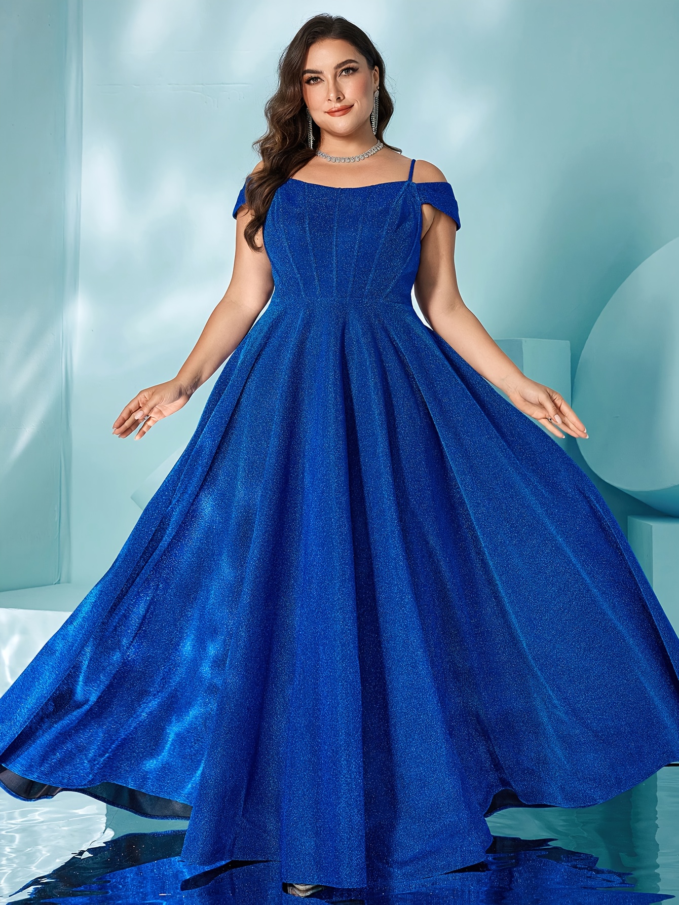 big blue puffy dress Shiny V Neck and V Back Light Blue Tulle Long Prom Dresses, Puffy Blue   Eip Collection