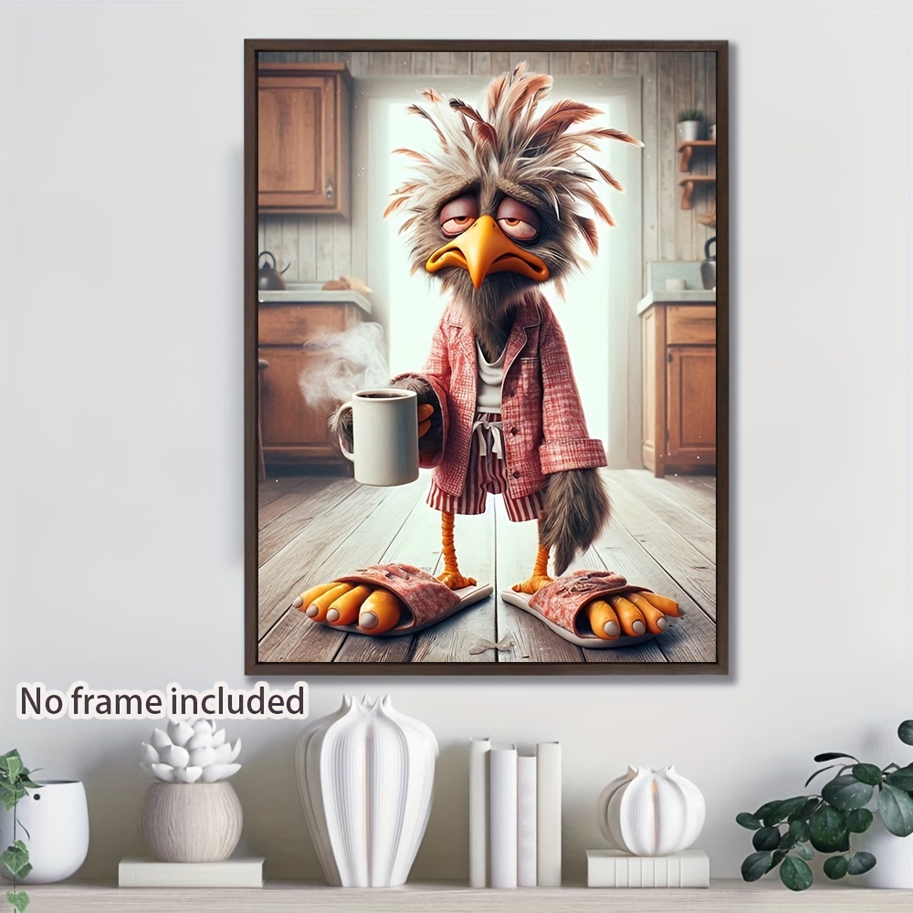 

Funny Chicken With Coffee Wall Art Canvas Print, Feathered Morning Bird Humorous Oil-style Poster, Frameless Kitchen Living Room Decor, 1 Piece 12x16inch