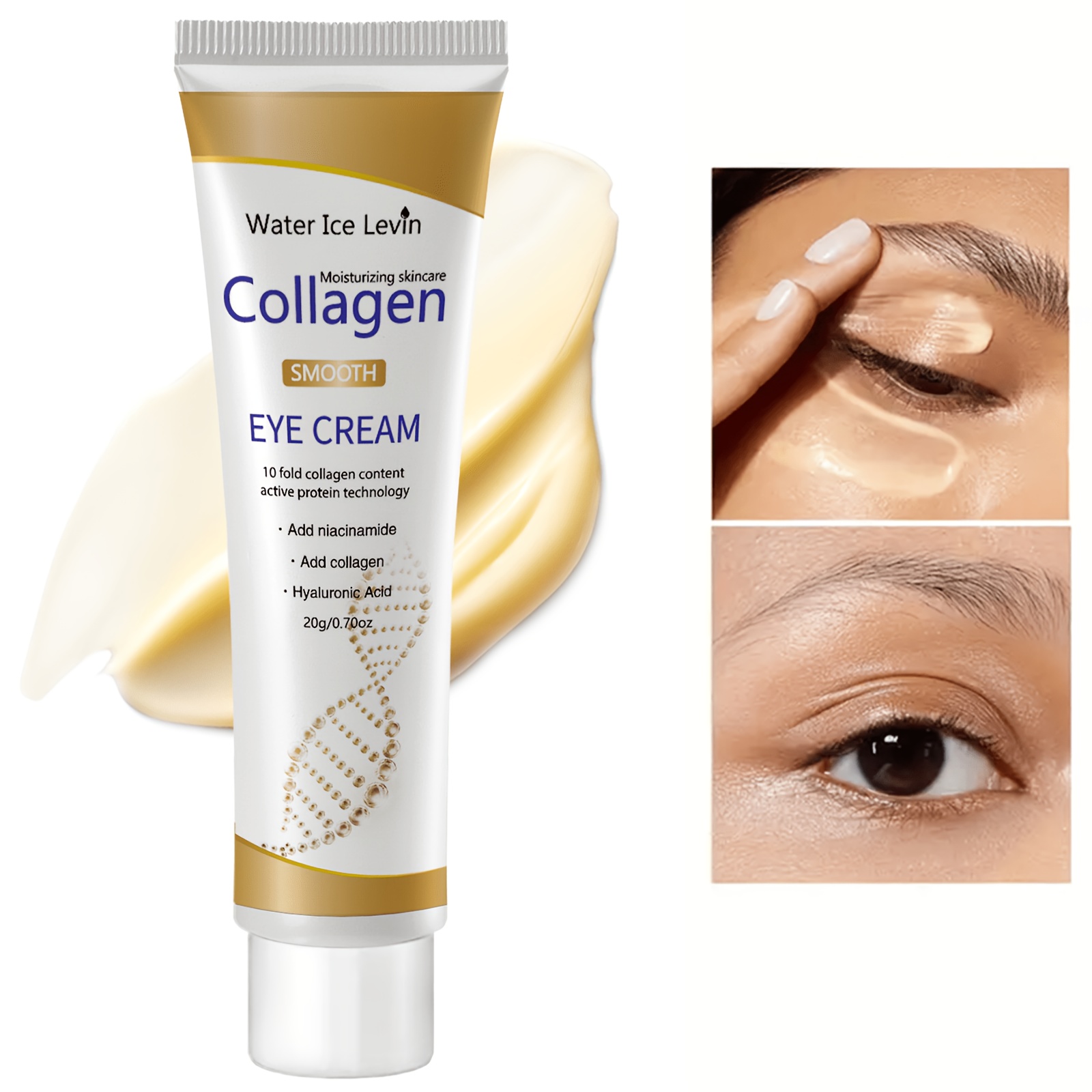 20g collagen eye cream enriched with collagen and hyaluronic acid   nourishes   area providing hydration and firming to leave skin smooth bright and elastic lightweight texture gentle and non irritating to the skin