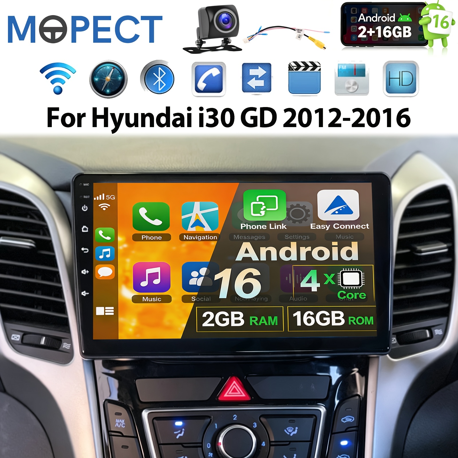 Image of Mopect 16 9-inch Car Stereo For I30 Gd 2012-2016 (frame Included) & Auto, Wince Can-bus & Swc Wifi/fm/ Rds Usb & Car Additions With Backup Camera
