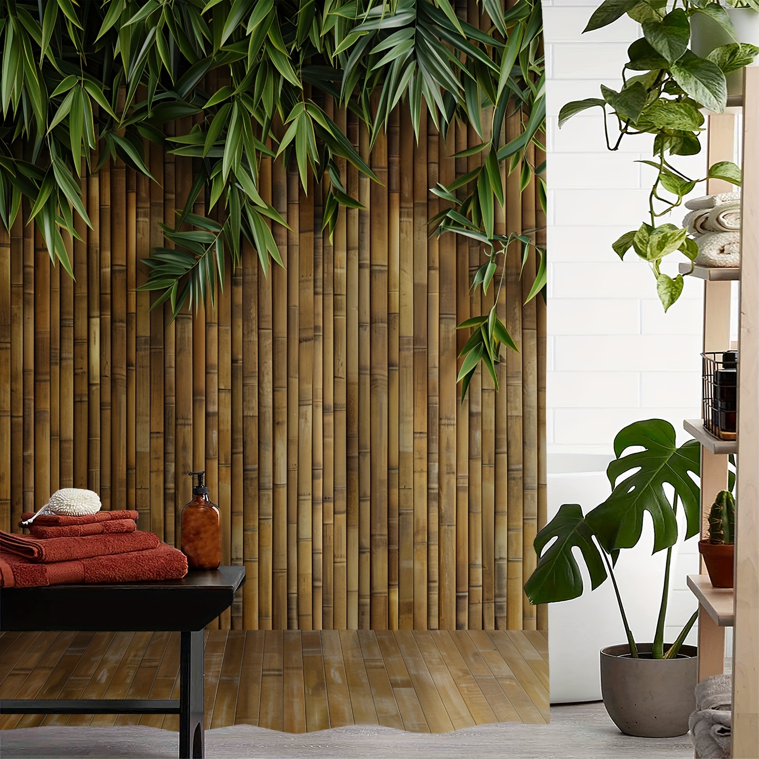 

Rideau de douche motif feuille de bambou 1pc, rideau de douche imperméable avec crochets, cloison de salle de bain, accessoires de salle de bain, décoration de la maison