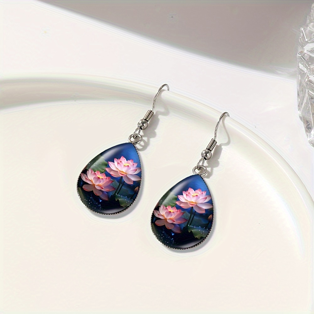 Women's Handmade Glass Dome Lotus Flower Tear Drop Earrings