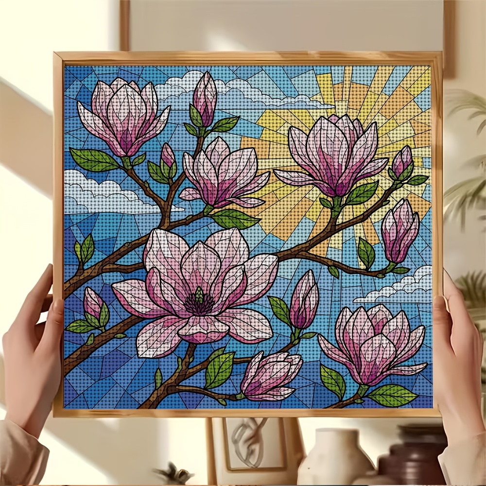 DIY Cross-Stitch Printed Kit, Colored Glass Pink Magnolia Design
