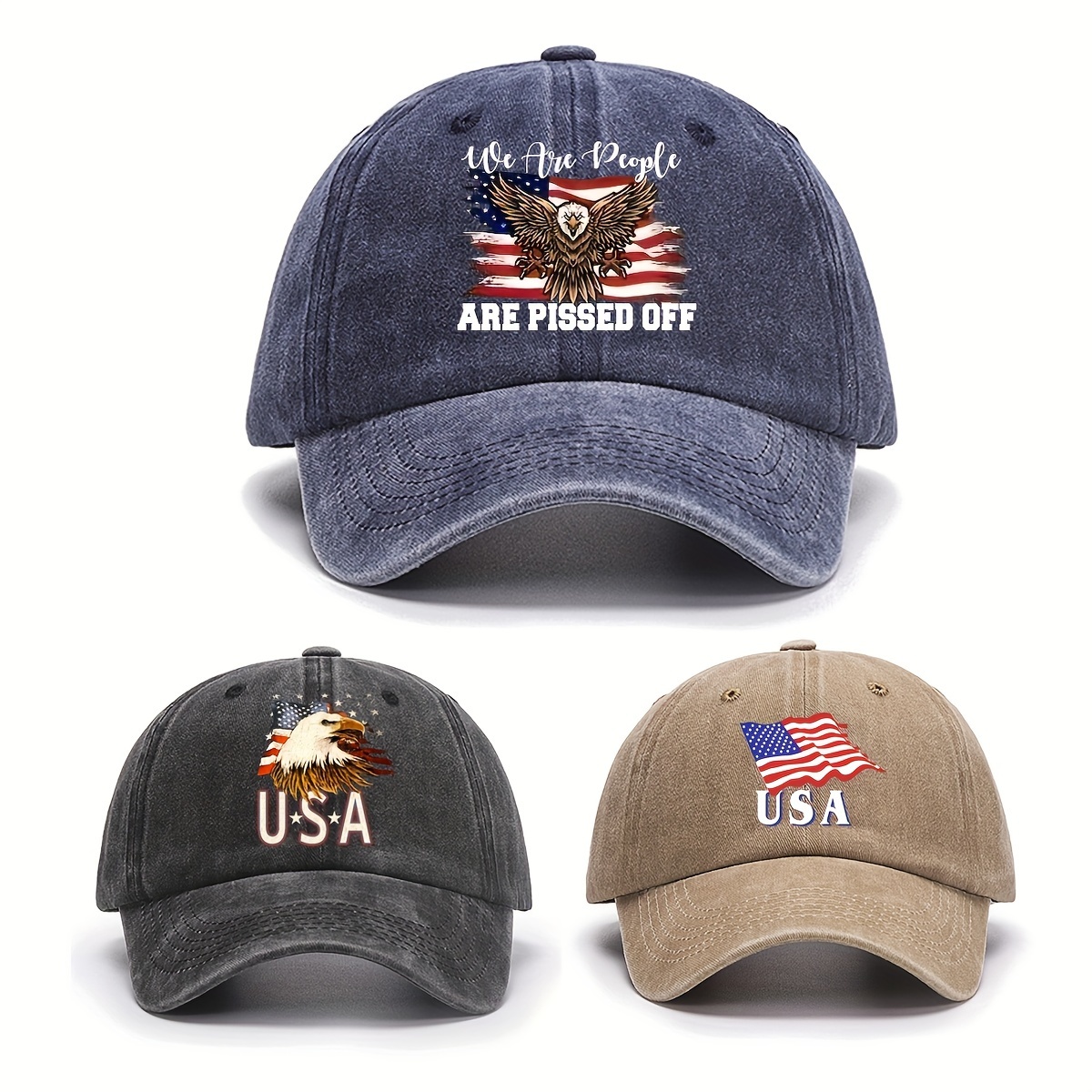 

3pcs Cool Hippie Curved Brim Baseball Caps, Usa Flag & Eagle Print Distressed Cotton Trucker Hats, Independence Day Snapback Hats For Casual Leisure Outdoor Sports