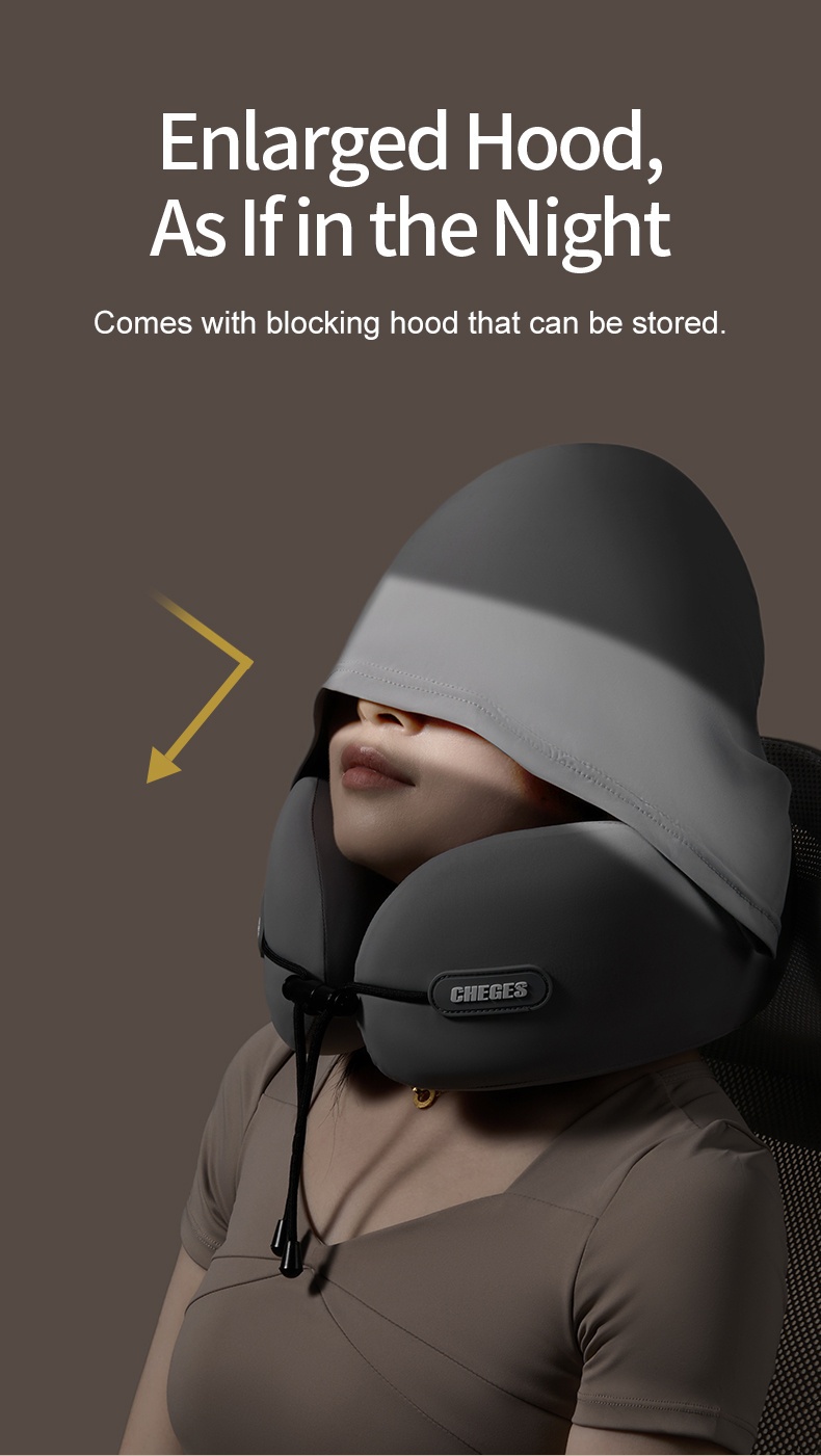 Car Hooded U-Shaped Neck Pillow, Adjustable Hooded U-Shaped Neck Pillow, Portable for Airplane Travel, Ice Sliky Fiber Fabric Slow Rebound U-Shaped Neck Pillow with Storage Bag