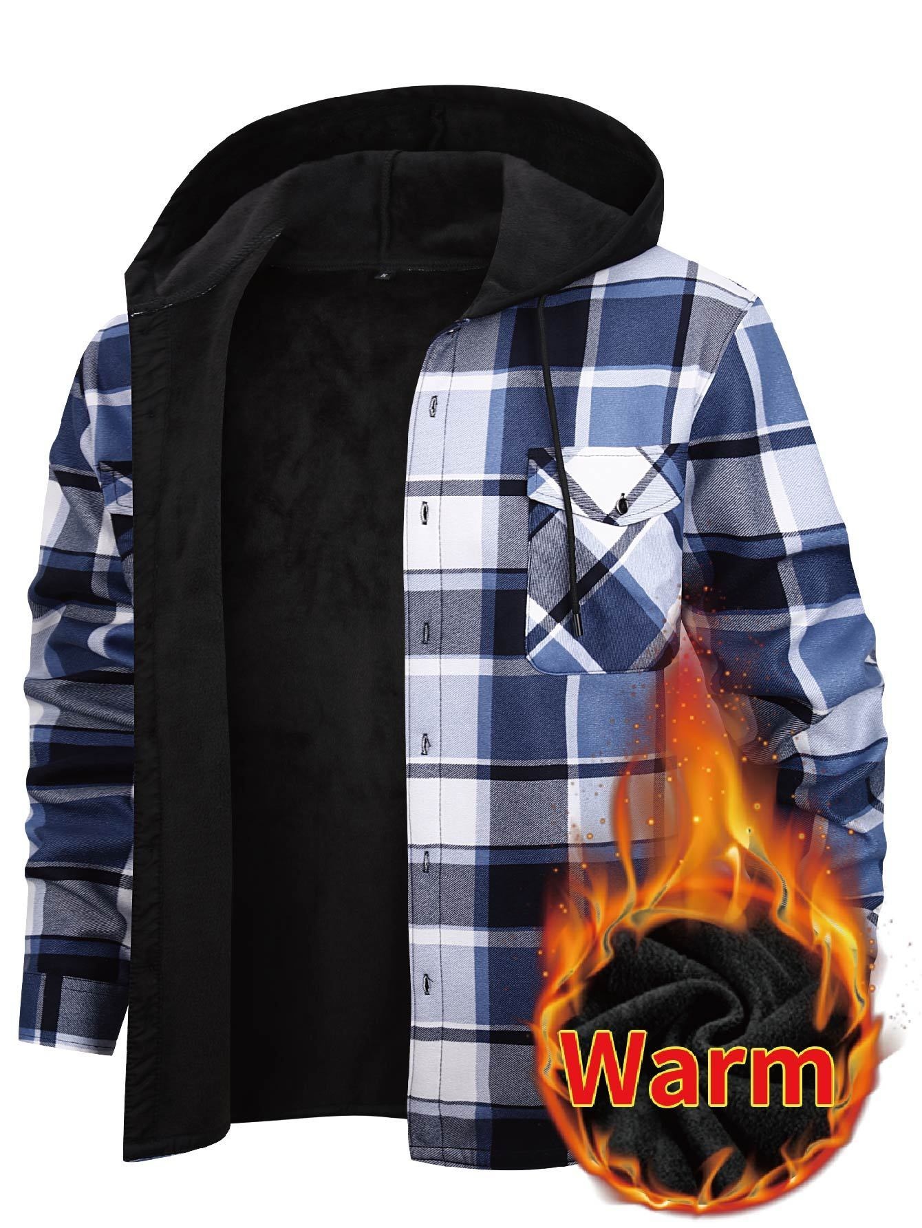 Thermisch werkschort met capuchon voor heren - Heavy-duty fleece gevoerde winterjas met ruitpatroon, volledige ritssluiting aan de voorkant, lange mouwen