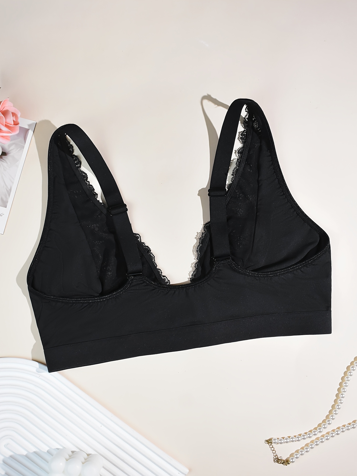 Women'S Plus Size Lace Front Closure Bra, Sexy Deep V-Neck Solid Color with Wide Straps, Comfortable Breathable Polyester Knit Fabric Bra with Contrast Lace Detail, No Padding - Medium Stretch