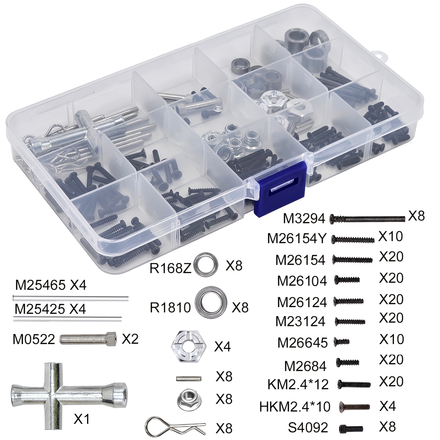 

191pcs Replacements Kits Box R1810 R168z Bearing, Metal Hex, M40 Nuts, Suspension Bolts, M0522, S4092 And Common Screws For Mjx Cars 16208, 16210, 14209, 14210, 14301, 14302, 14303 Ect.