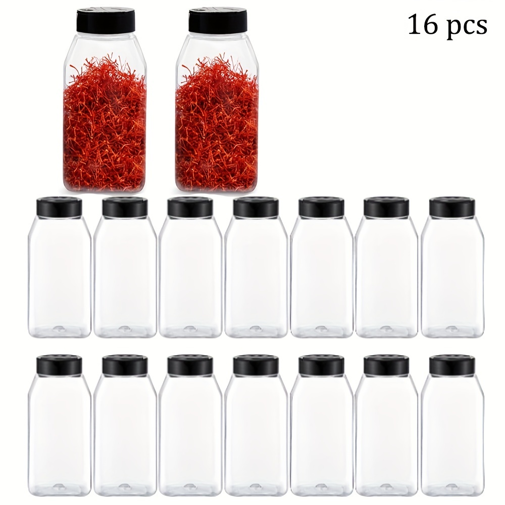 

16pcs 475ml Clear Plastic Spice Jars With Black/red , Outdoor Safe Seasoning Containers For Nuts, Sesame, Pepper Powder - Includes Lid